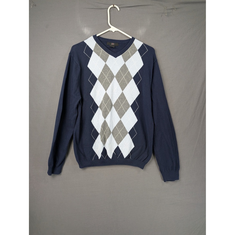 H&H Men Navy Blue Argyle V-Neck Cashmere Blend Sweater HHM-XXX S